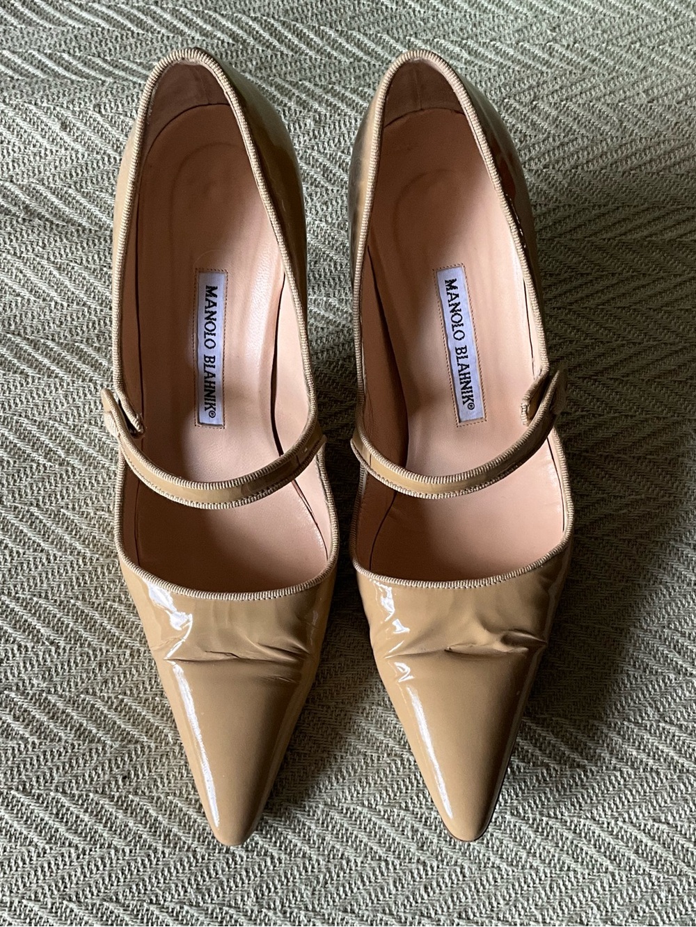 Manolo Blahnik Nude Patent Leather Mary Jane Pumps